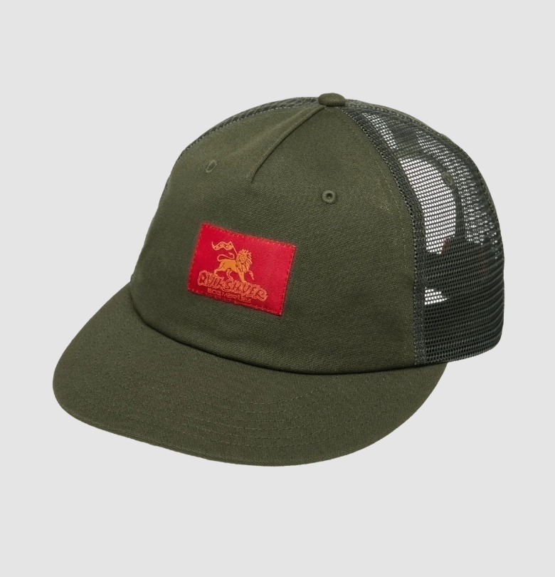 Quiksilver Bob Marley Drifter Trucker Cap in grape leaf green colourway from the front