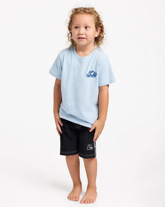 Quiksilver Boys (2-7) Blow Tail T-Shirt in skyway light blue colourway on boys in black quiksilver boardshorts