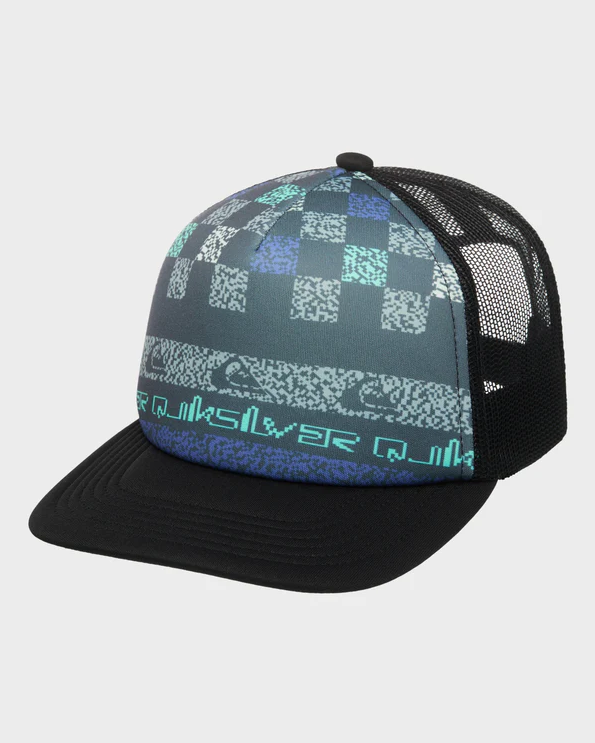 Quiksilver Emu Coop Boys Trucker Cap in aqua sky colourway from front/side view