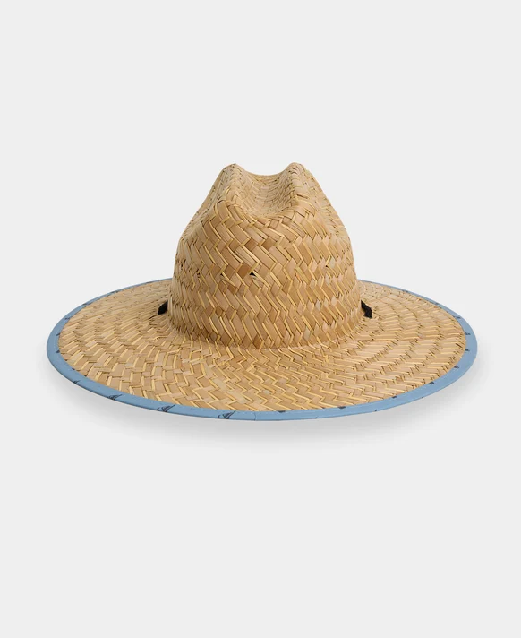 Quiksilver Pierside Print Straw Hat in natural colourway with faded denim printed trim from the back