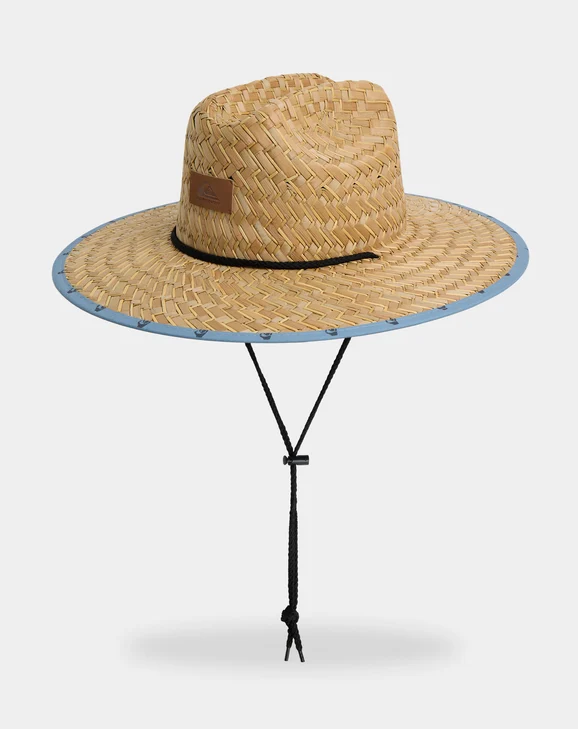Quiksilver Pierside Print Straw Hat in natural colourway with faded denim printed trim from the front