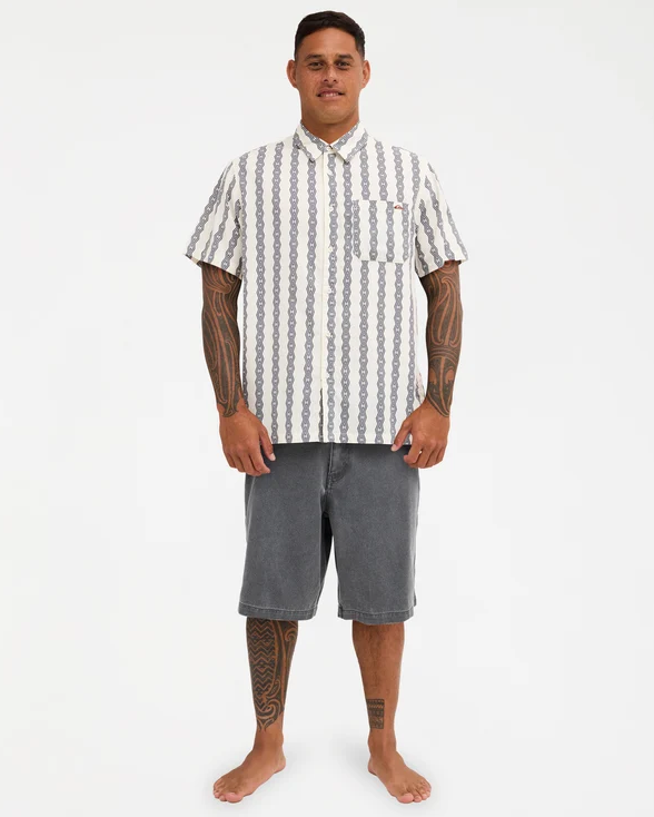 Quiksilver Tai Kehu Tohu Men's Maori Short Sleeve Shirt in birch colourway on Kehu Butler from the front