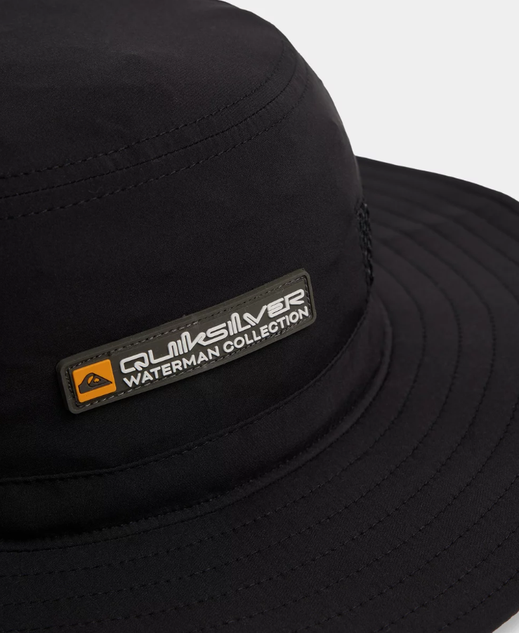 Quiksilver Tide Flow Performance Brim Hat in black close up of plasticated logo on front
