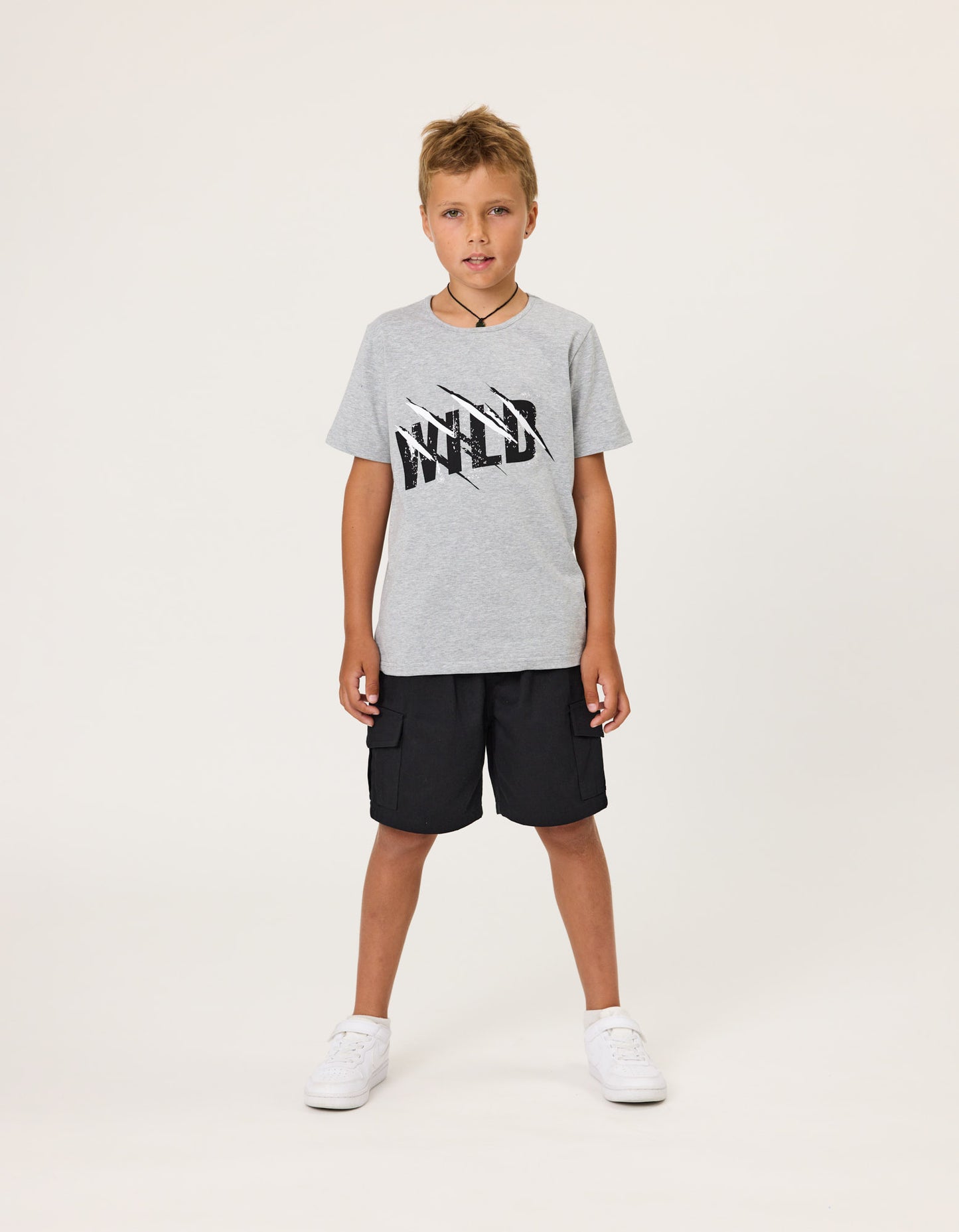 Radicool Kids Skater Boys Cargo Shorts  on boymodel in grey t-shirt from front