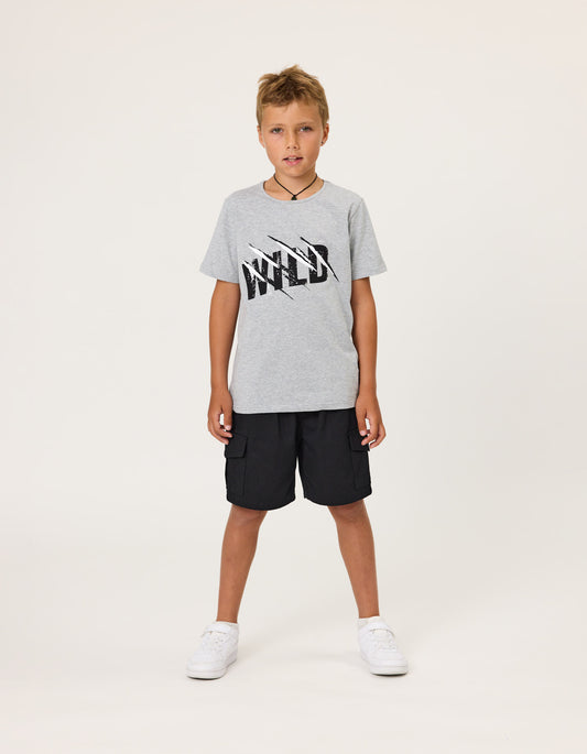 Radicool Kids Skater Boys Cargo Shorts  on boymodel in grey t-shirt from front