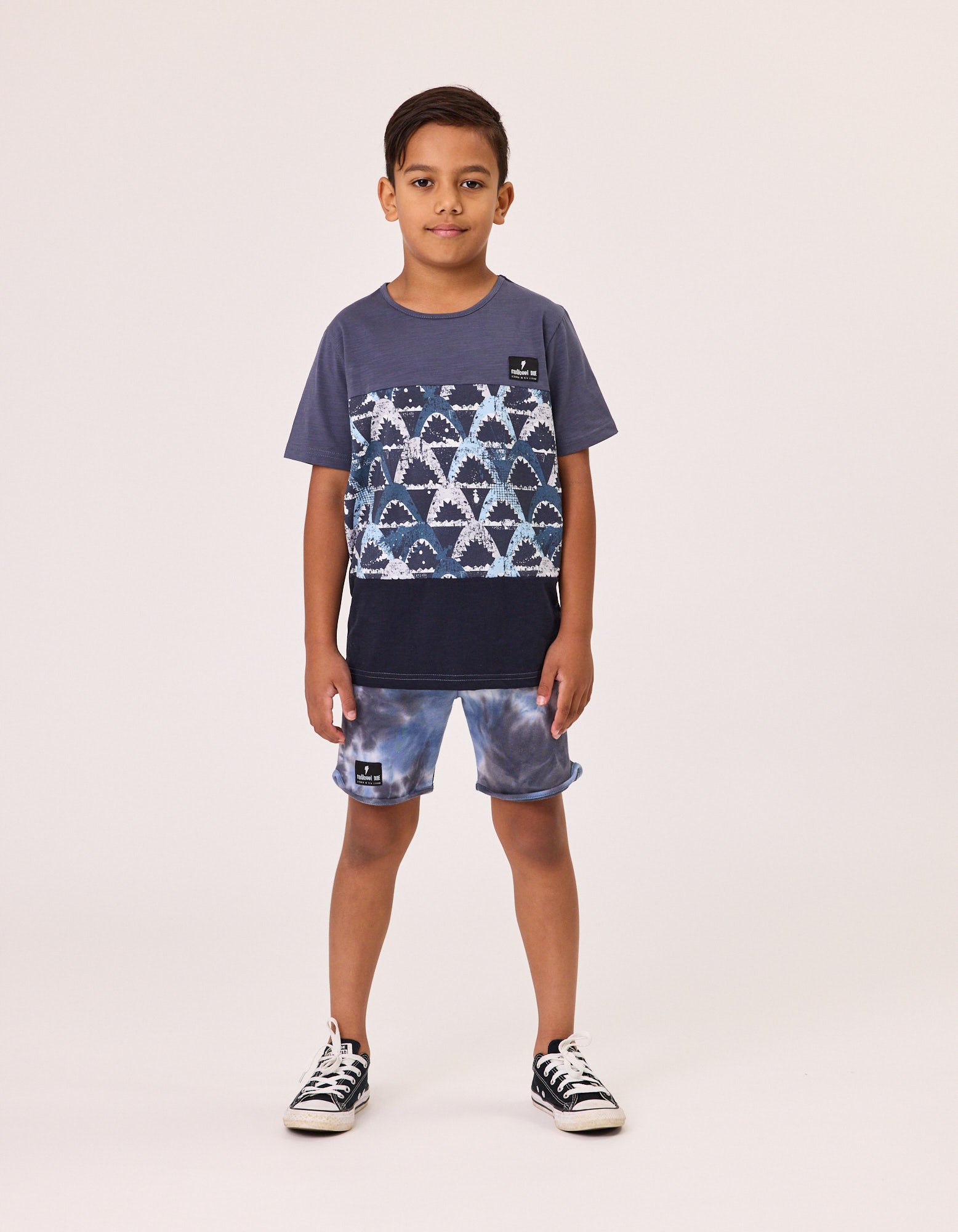 Radicool Kids Sharks Panel Tee
 in navy panels with shark print detail from front