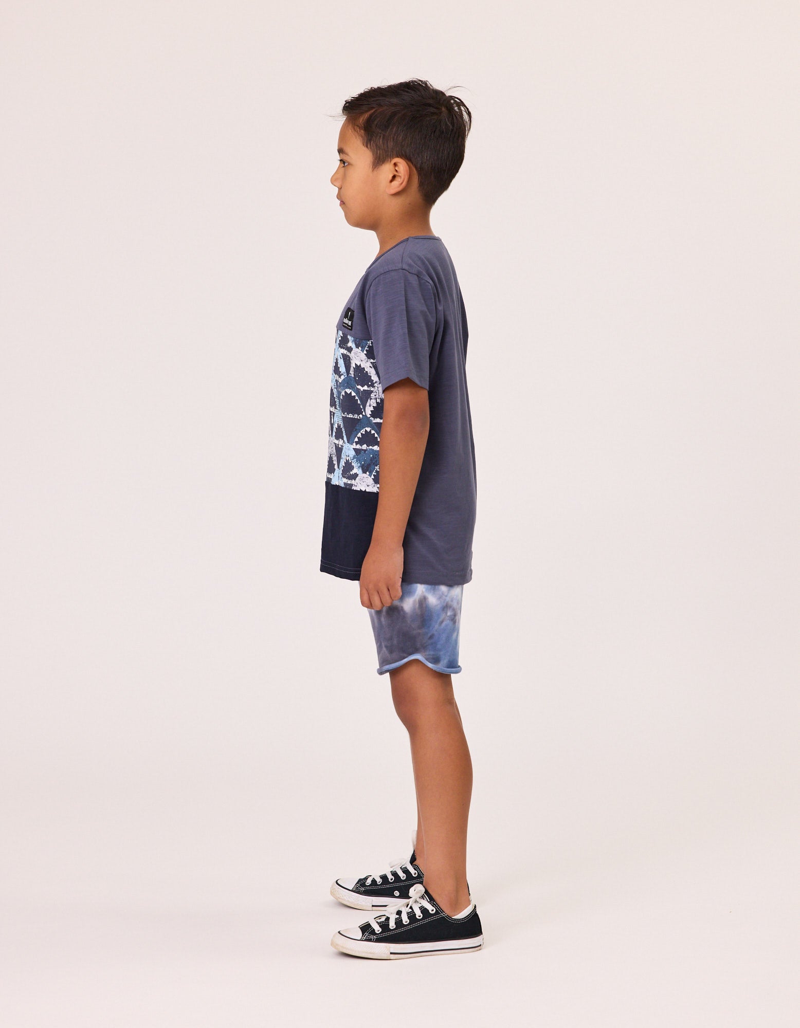 Radicool Kids Sharks Panel Tee
 in navy panels with shark print detail from the side