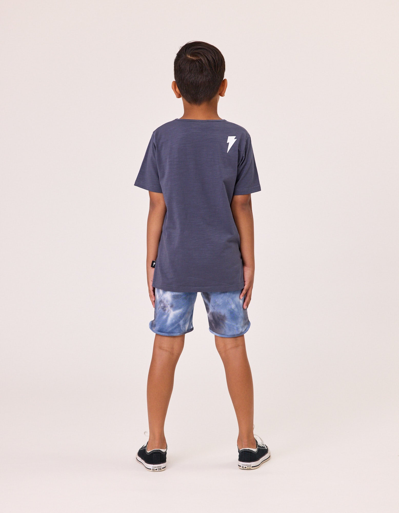 Radicool Kids Sharks Panel Tee
 in navy panels with shark print detail from the rear