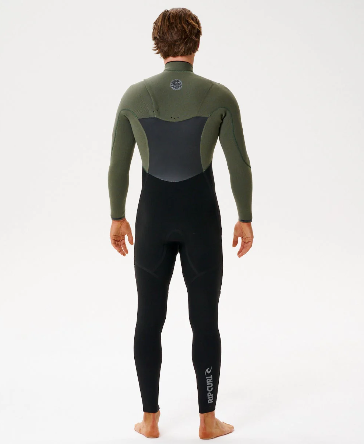 Rip Curl Flashbomb 4/3mm Chest Zip Wetsuit (Fused) in deep cactus colourway from rear
