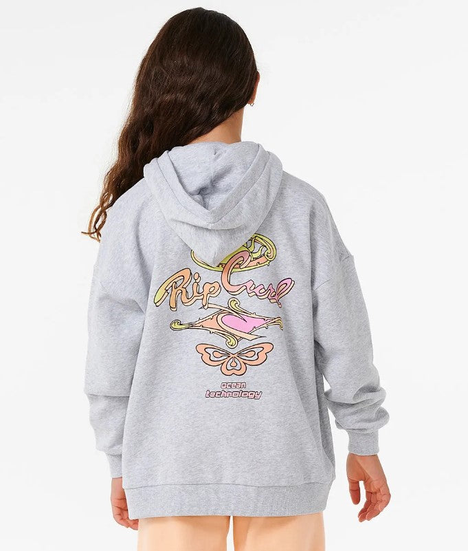 Rip Curl Girls Rolling Curl Hoodie in grey marle from rear