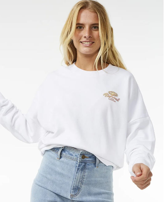 Rip Curl Rolling Curl Shoulder Crew in optical white from front