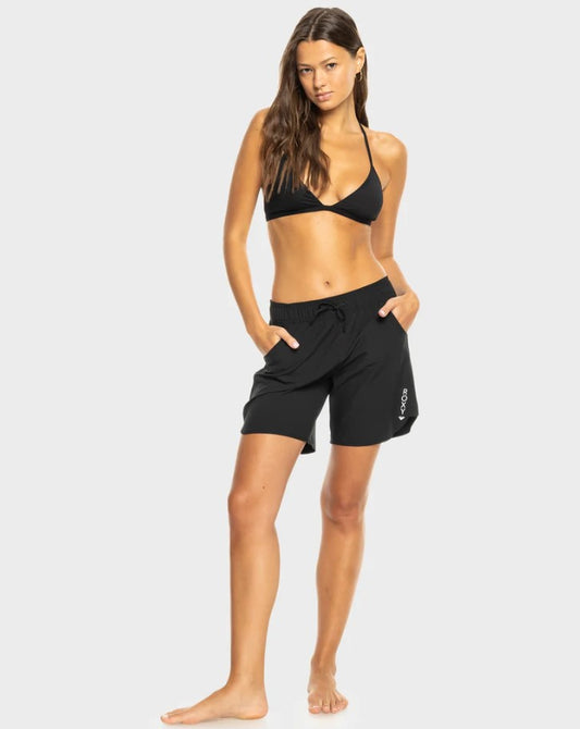 Roxy Wave 7 Inch Womens Boardshorts  in black on model wearing black bikini top