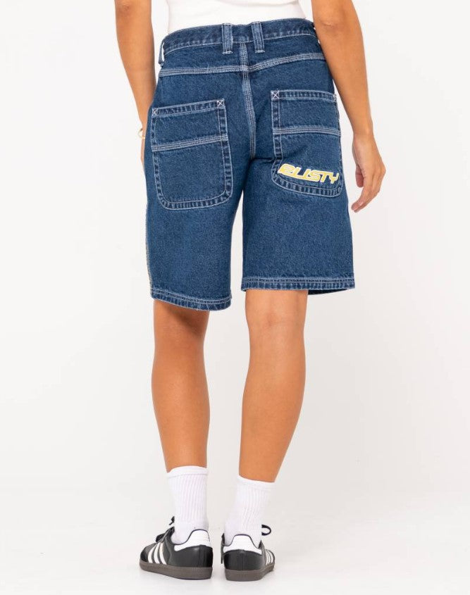 Rusty Flip Mommy Low Rise Wide Leg Denim Shorts in deep sea blue from back