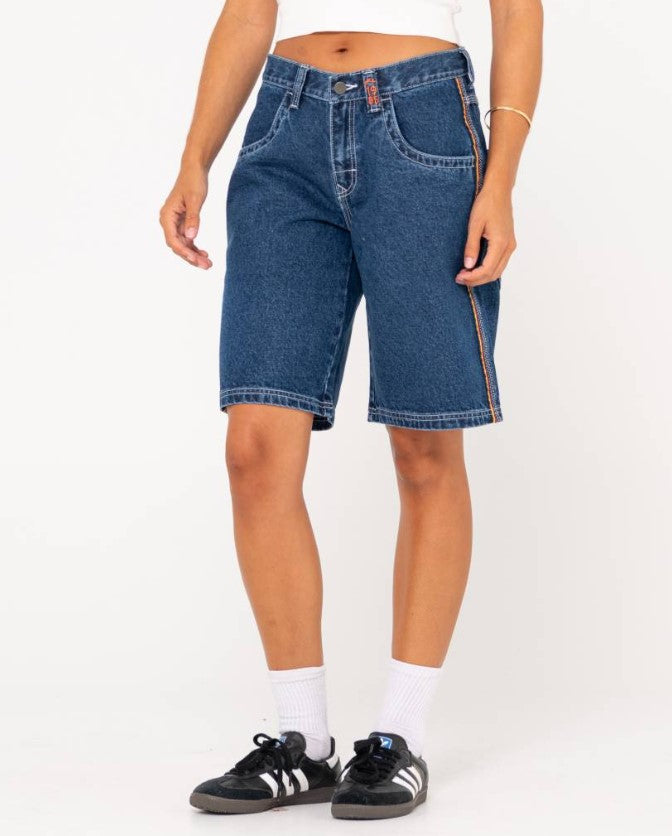 Rusty Flip Mommy Low Rise Wide Leg Denim Shorts in deep sea blue showing side of the front