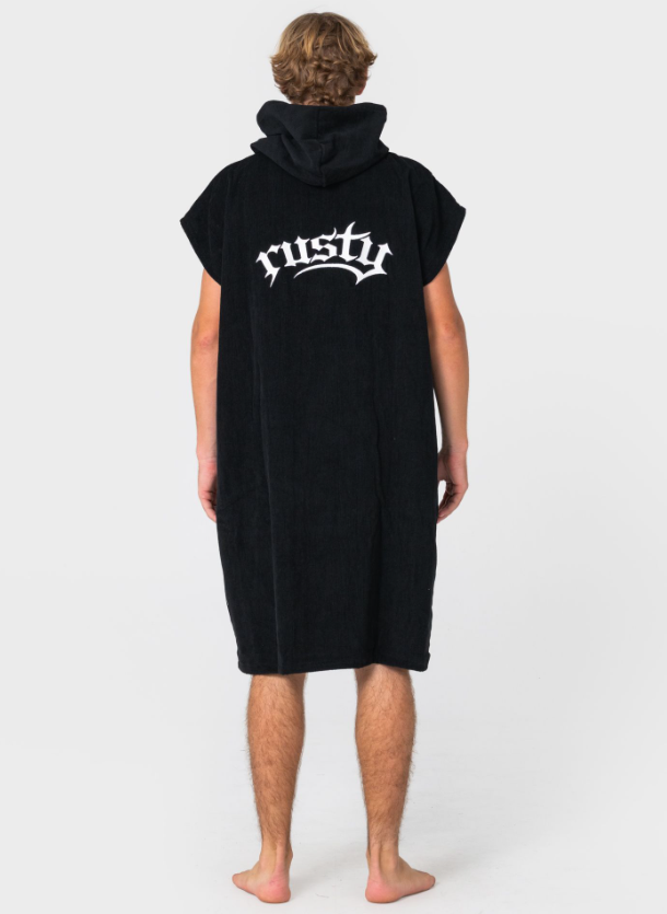 Rusty Trad Hooded Change Towel in black on model from the back