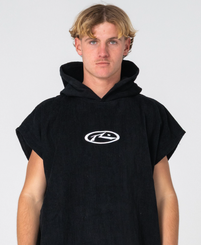 Rusty Trad Hooded Change Towel in black close up from the front