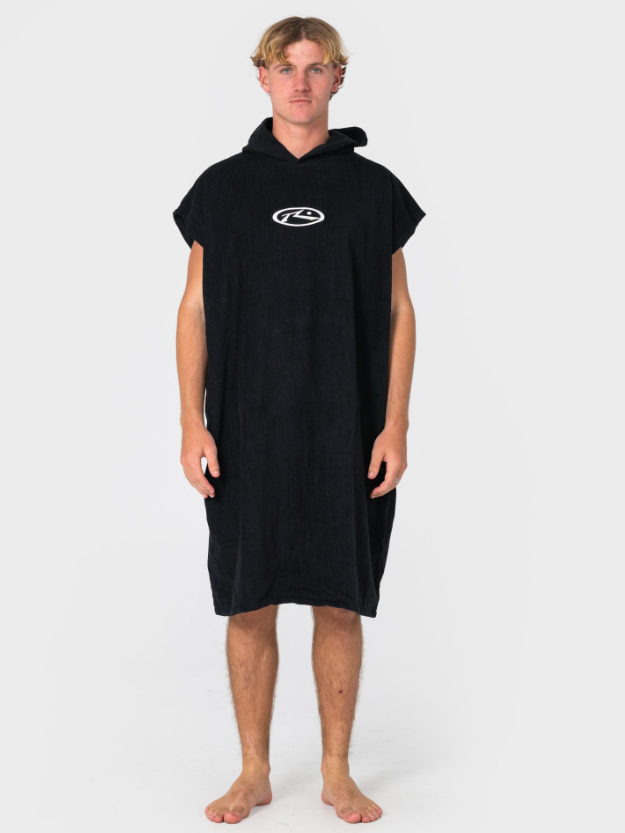 Rusty Trad Hooded Change Towel in black on model from the front