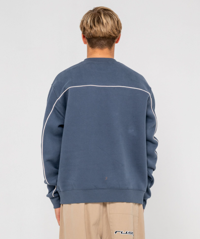 Rusty Trigger Men's Crew Fleece in atlantic blue on model from rear