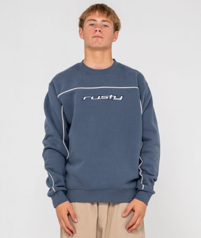 Rusty Trigger Men's Crew Fleece in atlantic blue from front on model