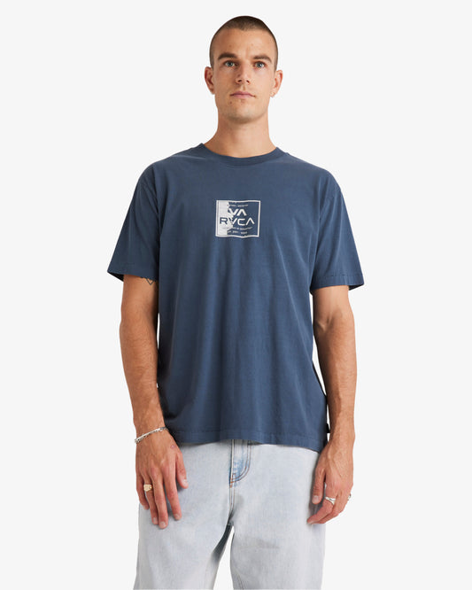 RVCA VA Torn SS Tee in colour petrol blue on model front veiw