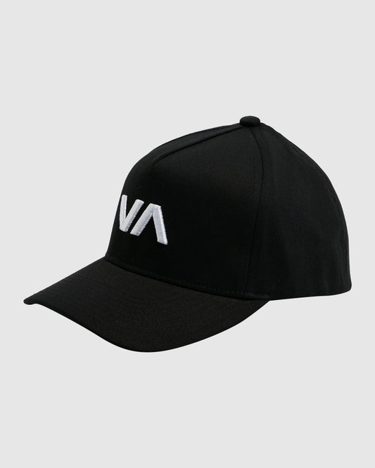 RVCA VA Cashola Pinched Snapback Cap in black with white embroidery