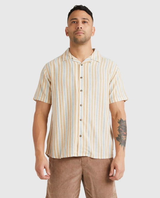 RVCA Beat Stripe Short Sleeve Shirt in tan colourway