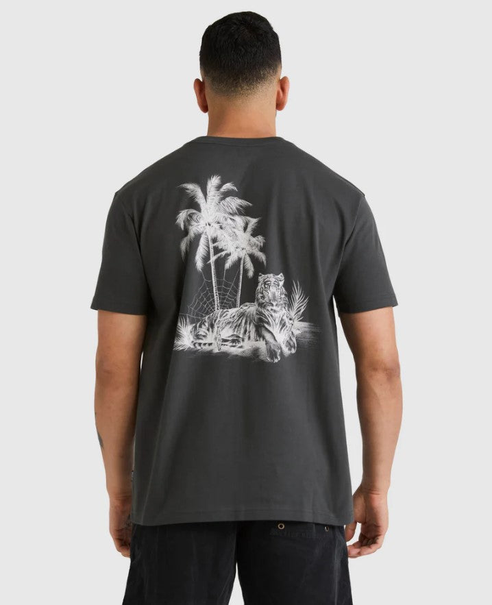 RVCA Benj Beach Tiger Tee in pirate black from rear showing tiger and palm print