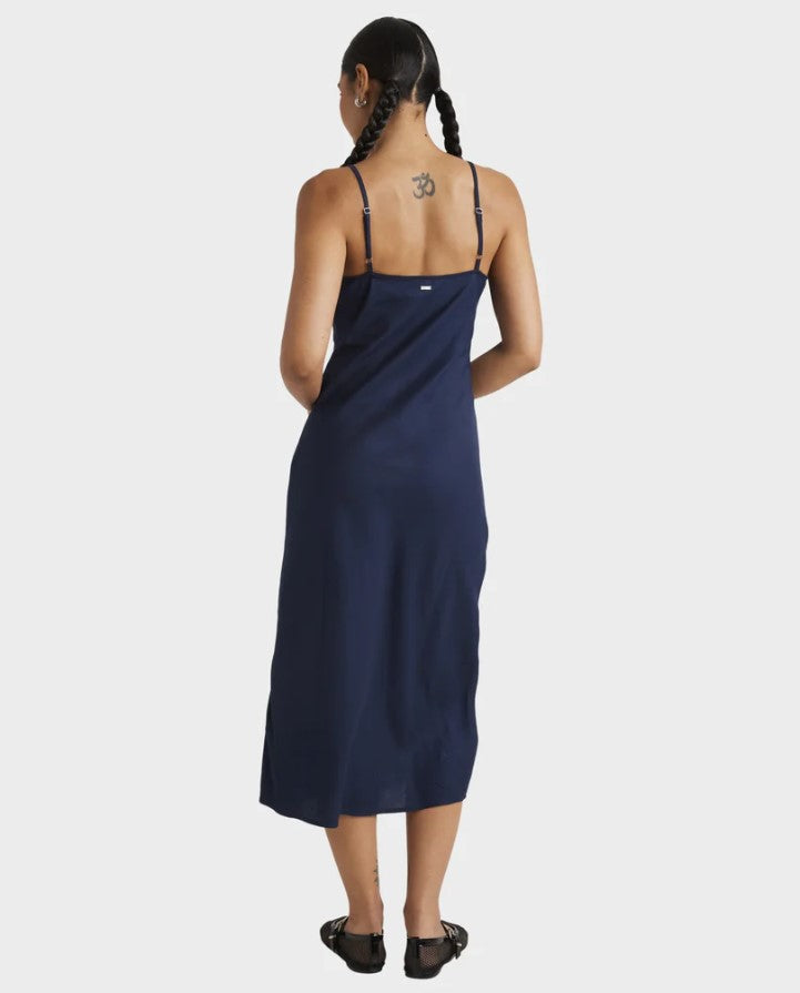 RVCA Everyday Bias Midi Dress in navy marine colourway from rear