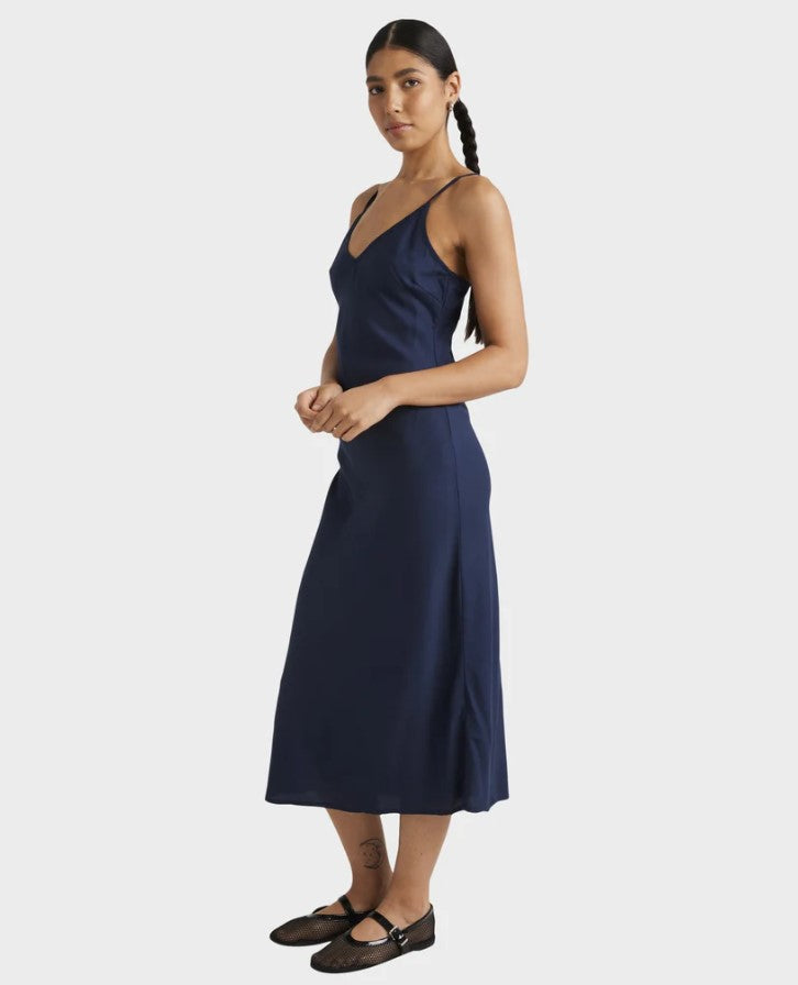 RVCA Everyday Bias Midi Dress in navy marine colourway from side