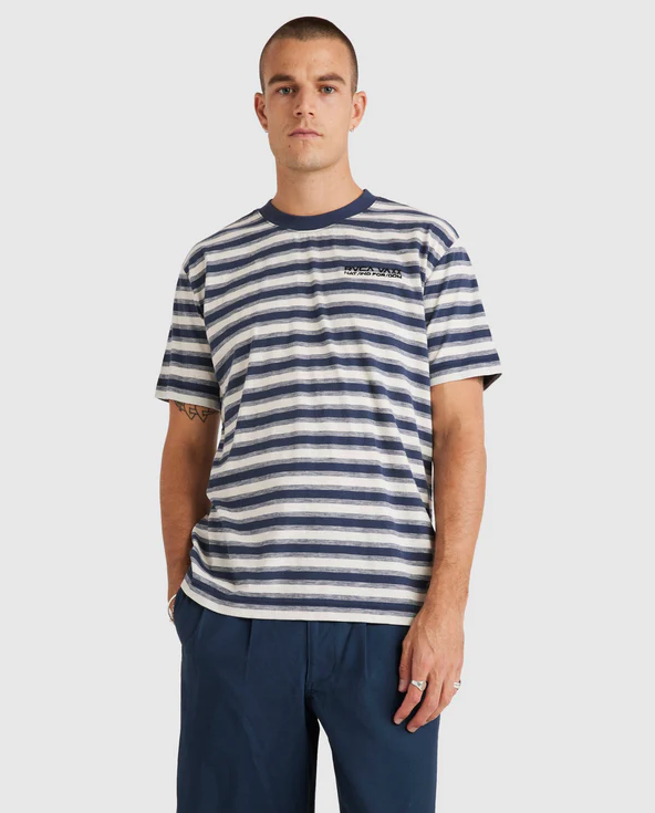 RVCA League Striped Men's Tee in moody blue and white stripe on model from front