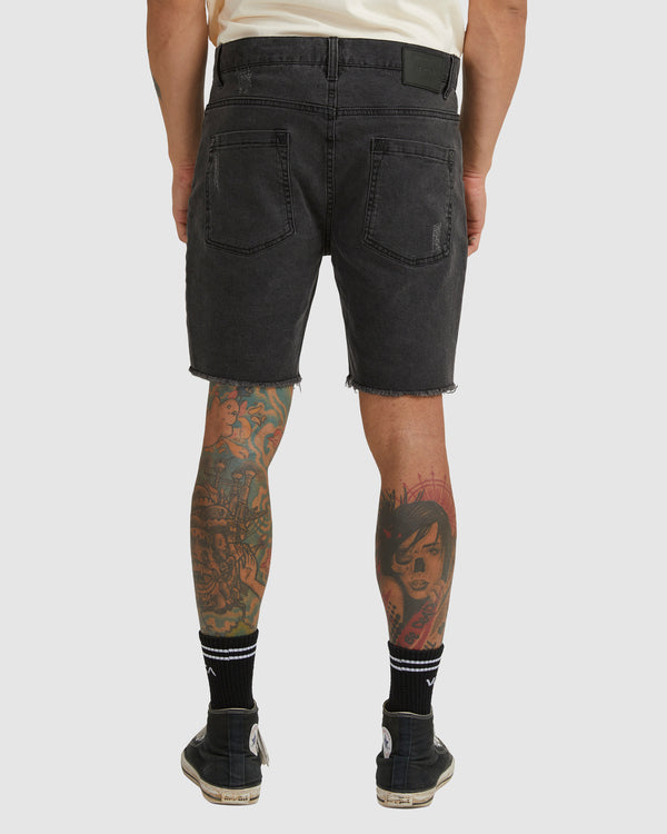 RVCA Rockers Denim Shorts in black fade colour from rear