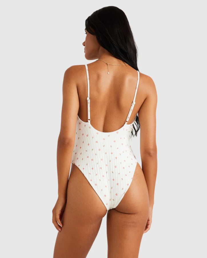 RVCA Rose Bud One Piece Swimwear in white with roses from rear on model