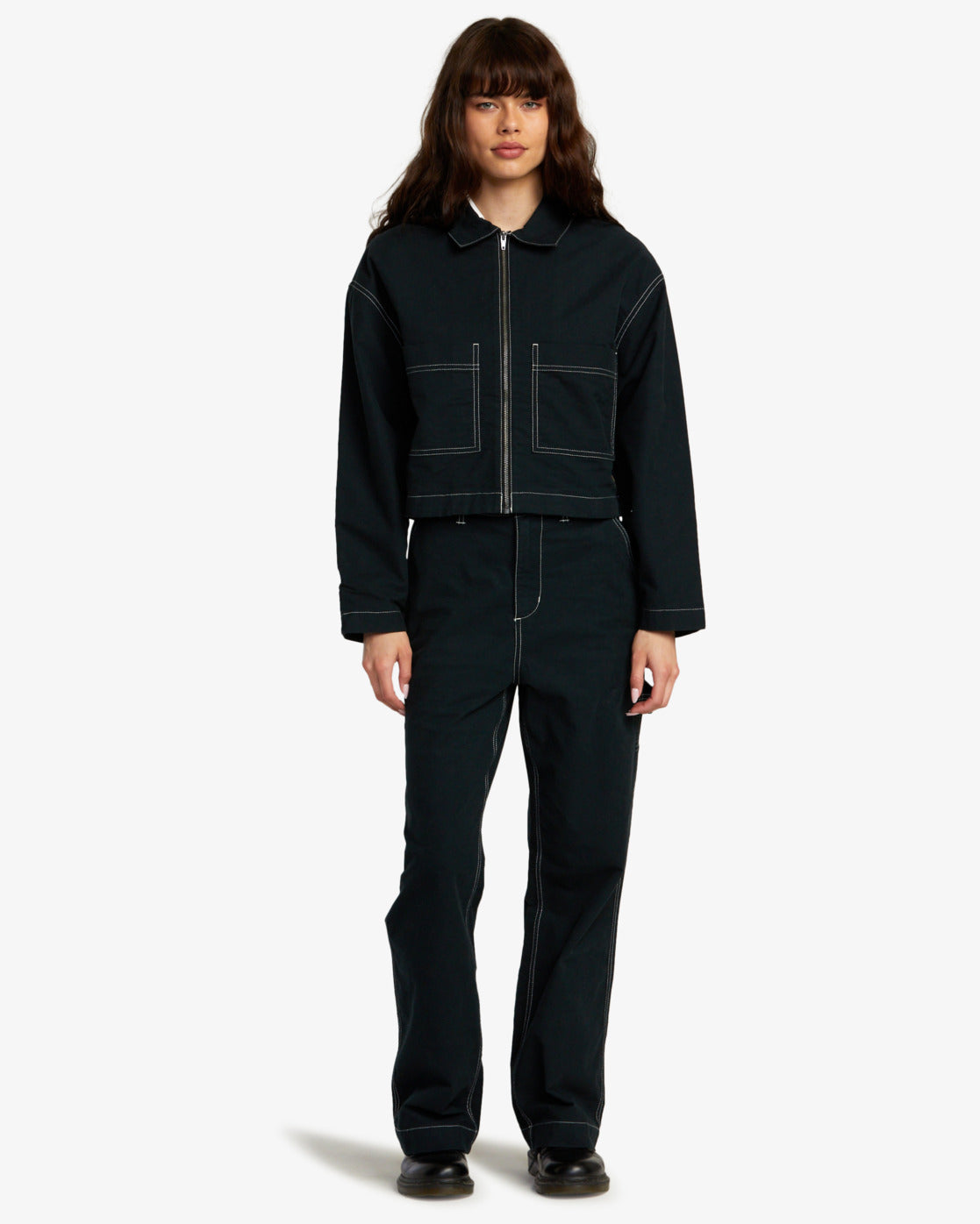 RVCA Spring Shift Shacket in black on model from front zipped up