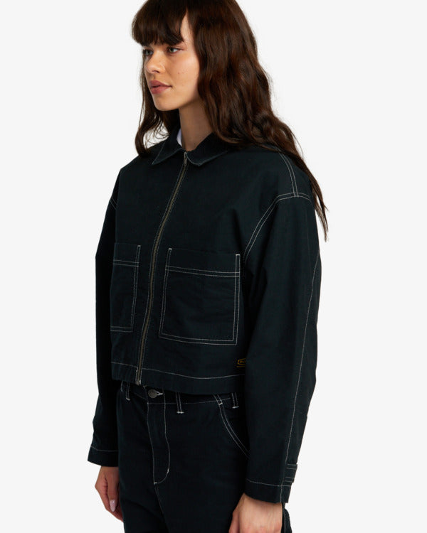 RVCA Spring Shift Shacket in black on model from side