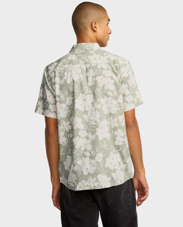 RVCA Sunup Short Sleeve Shirt in light olive floral on model from rear