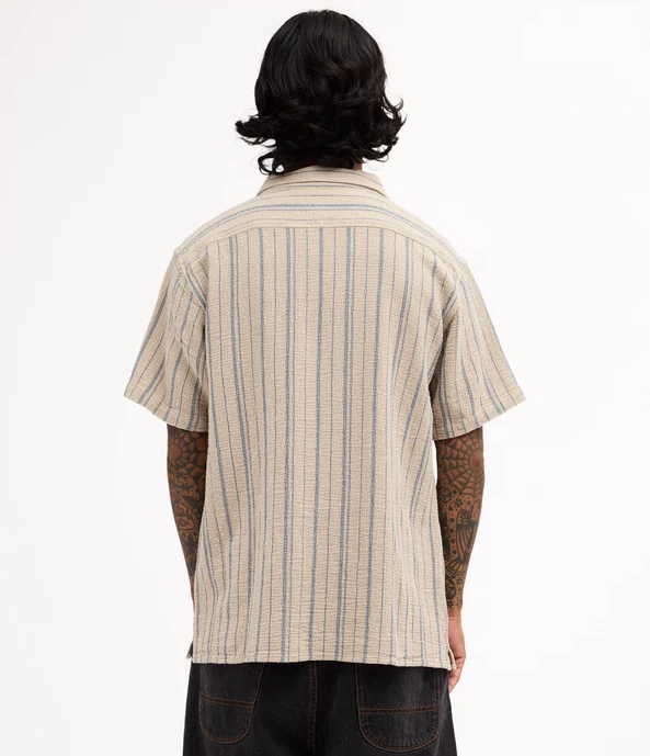 RVCA Vacancy Stripe Short Sleeve Shirt
  in light khaki on model from rear