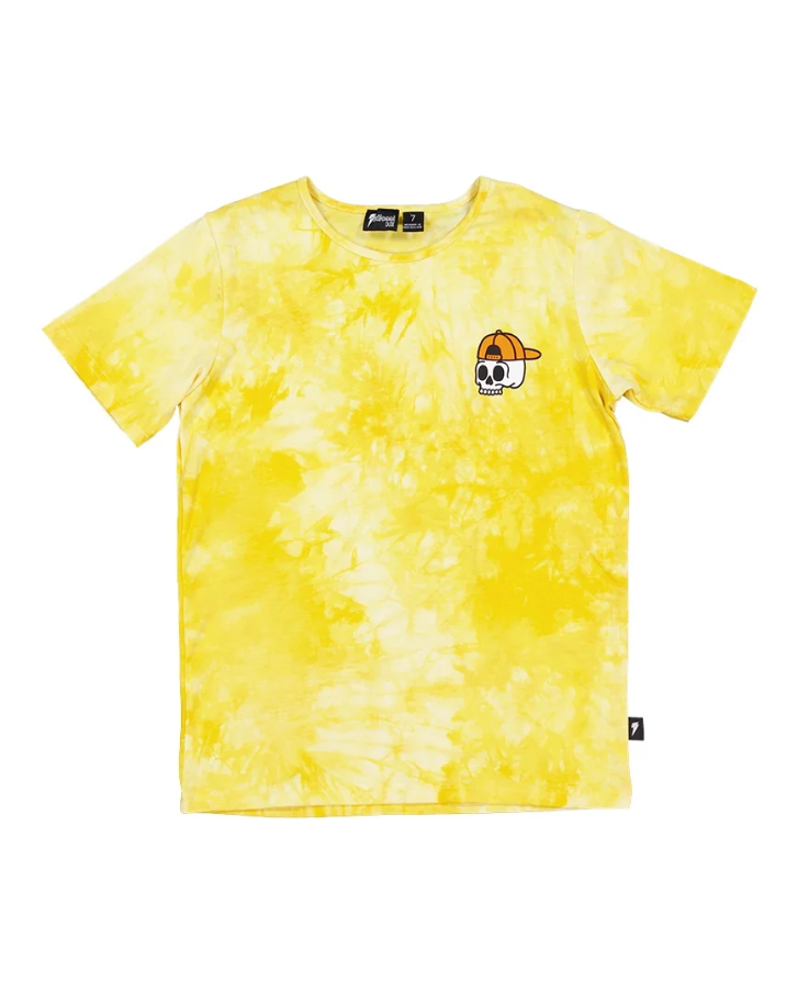 Radicoool Kids Tie Dye Skater Tee in tie dye yellow flatlay from the front