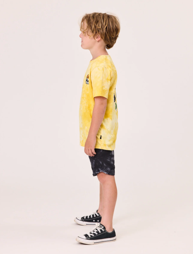 Radicoool Kids Tie Dye Skater Tee in tie dye yellow on model from the side