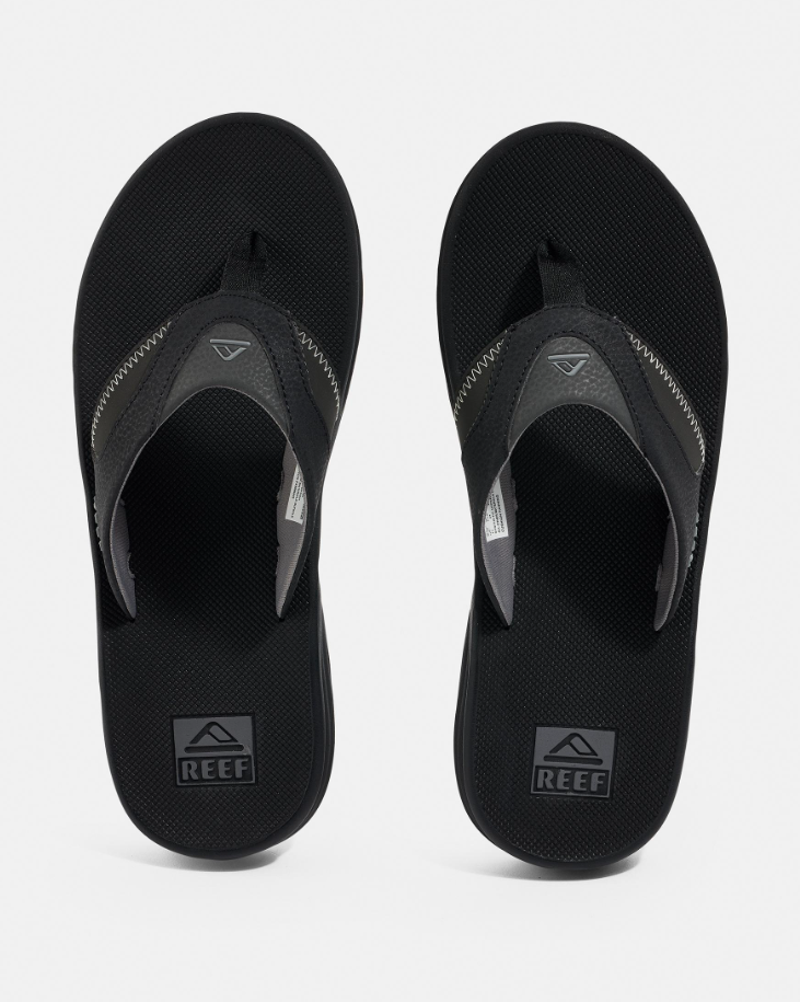 Reef Cushion Fanning Jandals
  in black with grey trim showing a pair from above