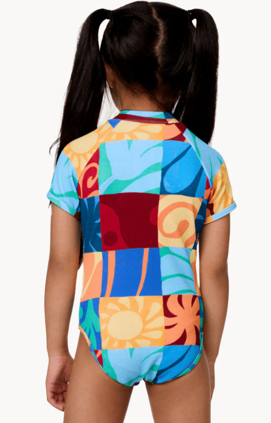 Rip Curl AOTS TY Short Sleeve Surfsuit in Multi Coloured on litte girl - Back