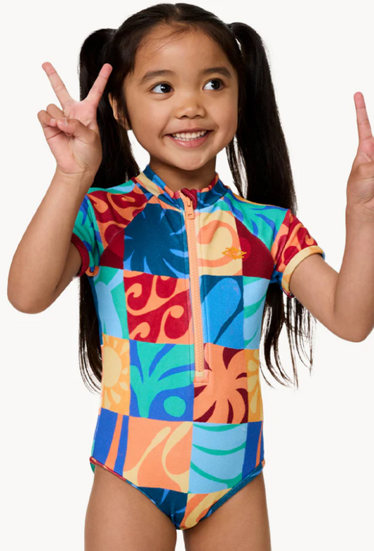 Rip Curl AOTS TY Short Sleeve Surfsuit in Multi Coloured on little girl- front