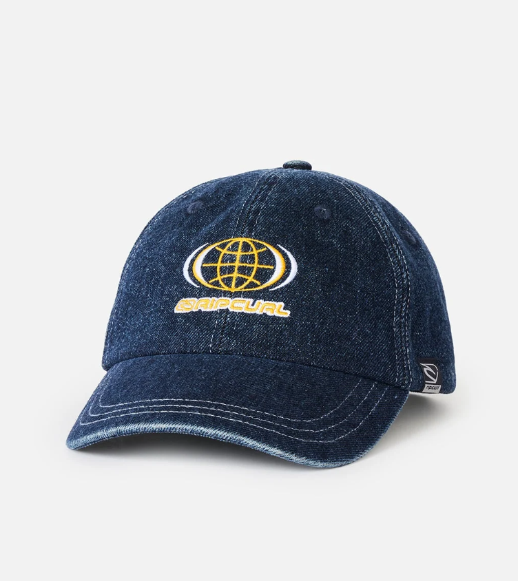 Rip Curl Archive Globe Snapback Cap in navy denim from front showing Rip Curl Globe embroidered design 