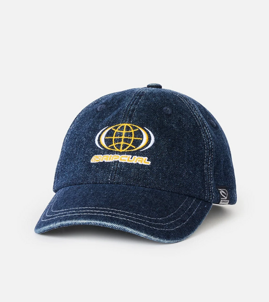 Rip Curl Archive Globe Snapback Cap in navy denim from front showing Rip Curl Globe embroidered design 