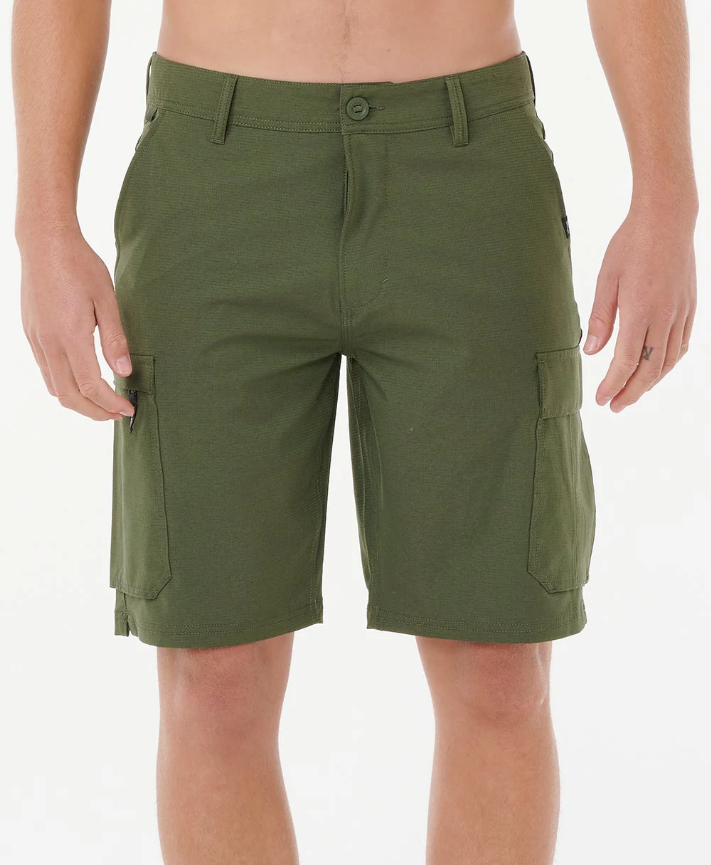 Rip Curl Boardwalk Classic Surf Cargo Shorts on man front in olive green 