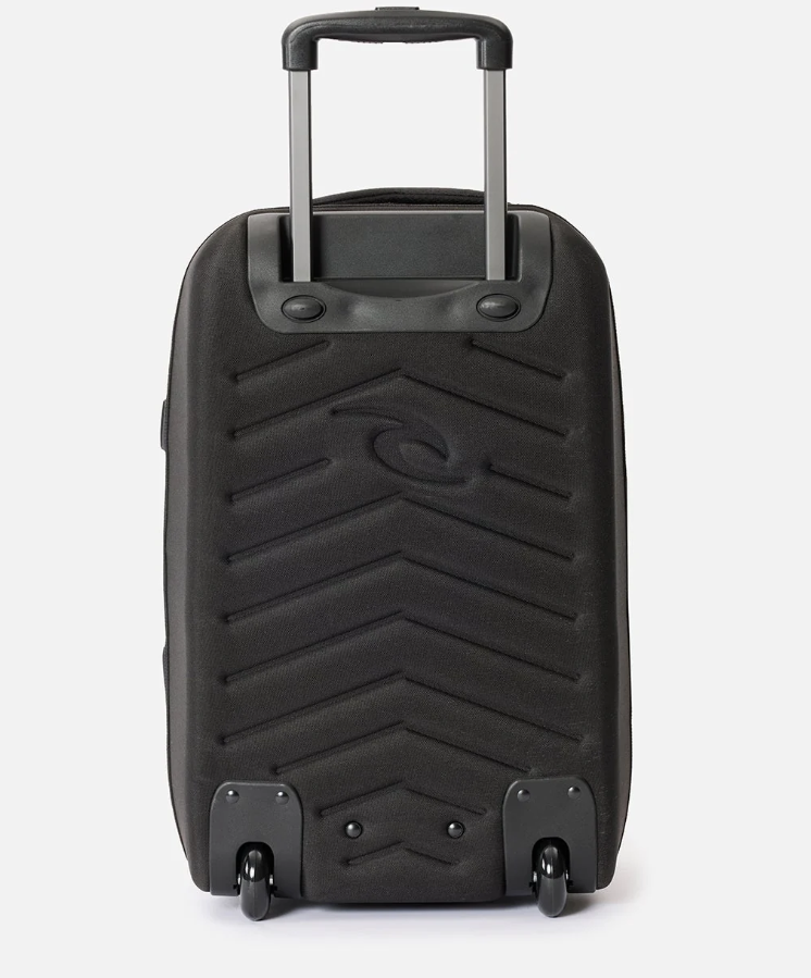 Rip Curl F-Light Transit 45 Litre Wheelie Cabin Bag in midnight colourway showing the hard back of the bag