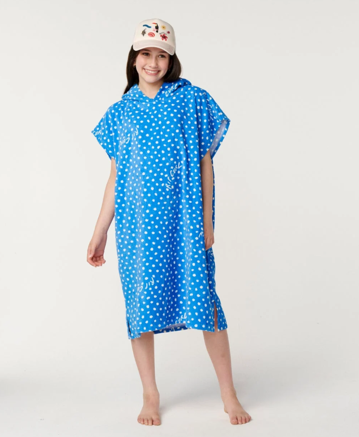 Rip Curl Mixed Girls Hooded Towel in bright blue with white dots from the front