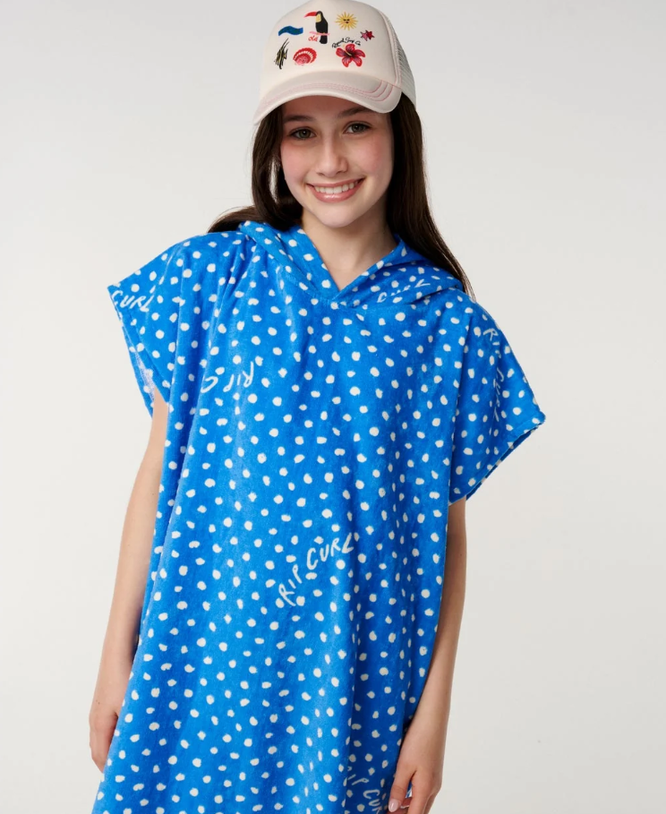 Rip Curl Mixed Girls Hooded Towel in bright blue with white dots from the front close up