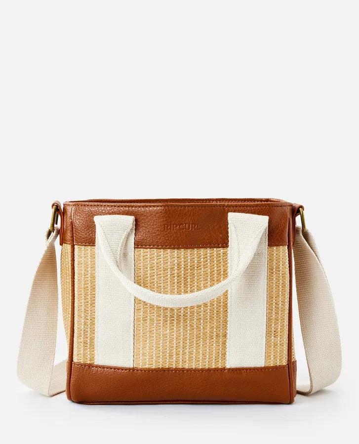 Rip Curl Premium Straw Mini Handbag in color tan and white front view