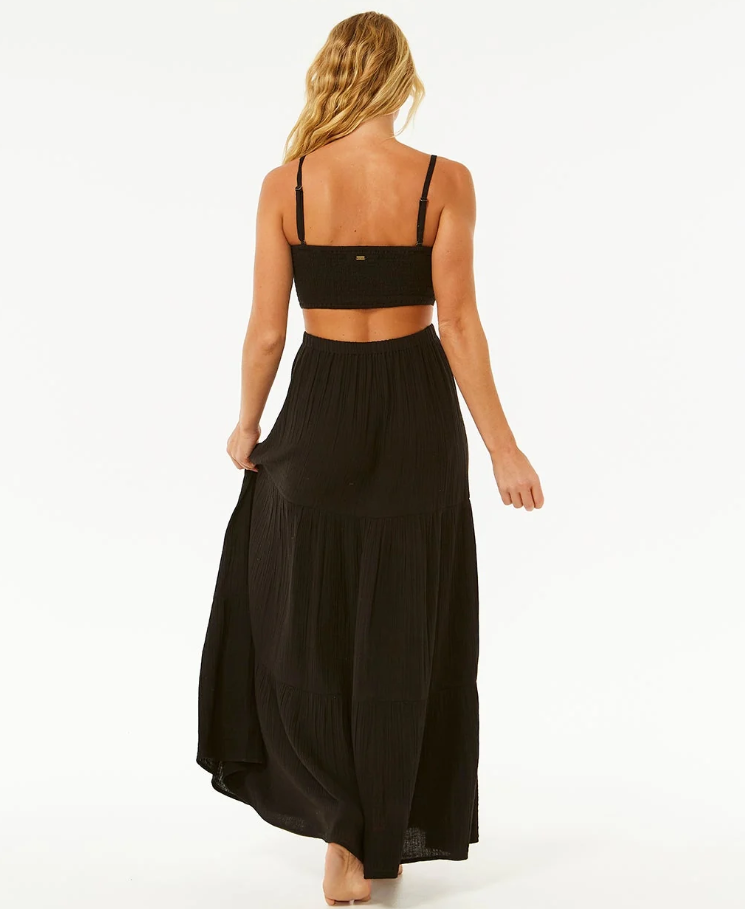Rip Curl Premium Surf Maxi Dress in black on blonde model from the back