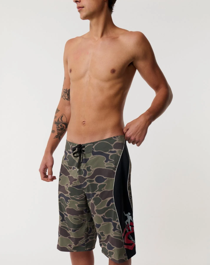 Rip Curl S-Series EWG (Eddie Would Go) 22" Cordura Panel Boardshorts in camo on model from the front